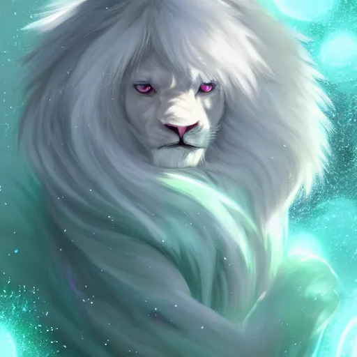 Image similar to aesthetic portrait commission of a albino male furry anthro lion entering a heavenly coherently shaped void made out of bubbles while wearing a cute mint colored cozy soft pastel wizard outfit, winter Atmosphere. Character design by charlie bowater, ross tran, artgerm, and makoto shinkai, detailed, inked, western comic book art, 2021 award winning painting