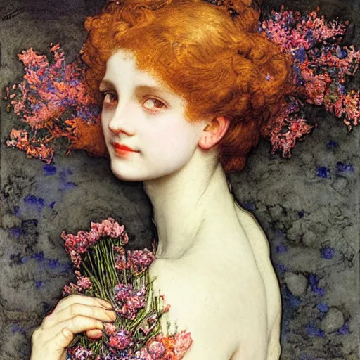 Image similar to a girl with three eyes on 5 translucent luminous spheres, full of floral and berry fillings, in an ocean of lavender color portrait painting by arthur rackham, eugene de blaas, frederic leighton