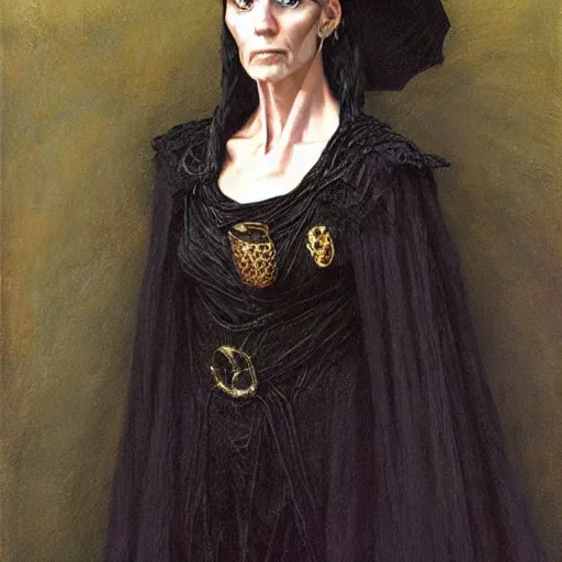 Prompt: portrait of a witch, dressed in black clothes embroidered with gold, by donato giancola, gerald brom, and berthold woltze.