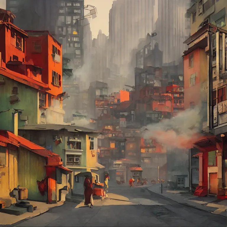 Prompt: honk kong slums in smoke, , painted by Edward Hopper, painted by James Gilleard, airbrush