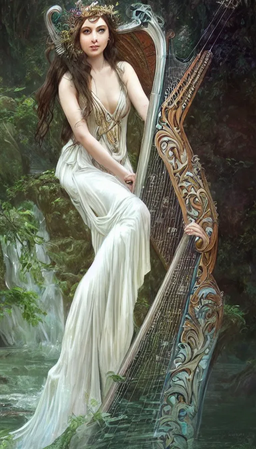 Image similar to portrait of queen of the elves playing a harp, sad and exhausted by the river, ethereal, expressive pose, intricate dress, fantasy, intricate, forest background, highly detailed, digital painting, artstation, concept art, smooth, sharp focus, illustration, art by artgerm and greg rutkowski and alphonse mucha