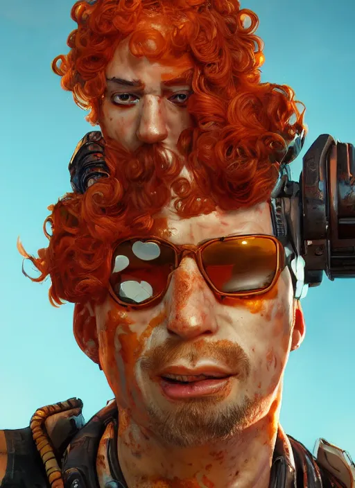 Image similar to heatwave portrait of curly orange hair man from borderlands 3, au naturel, hyper detailed, digital art, trending in artstation, cinematic lighting, studio quality, smooth render, unreal engine 5 rendered, octane rendered, art style by klimt and nixeu and ian sprigger and wlop and krenz cushart.