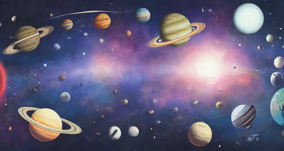 Image similar to A beautiful artwork illustration, an outer space exhibit cluttered with planets, featured on artstation, wide angle, horizontal orientation