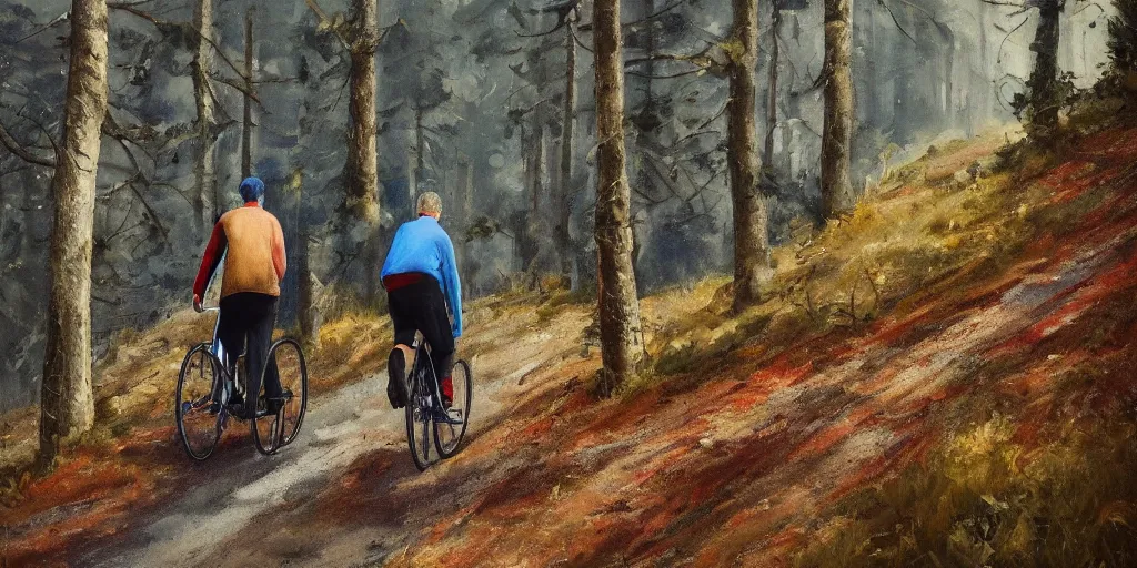 Image similar to Exactly two men biking alone up a steep forest hill. One with a deep dark blue sweater and the other with a wine red sweater. sweaty. Oil painting. Emotional. Trending on artstation. Steep. Nordic Trees. Rustic. Artistic.