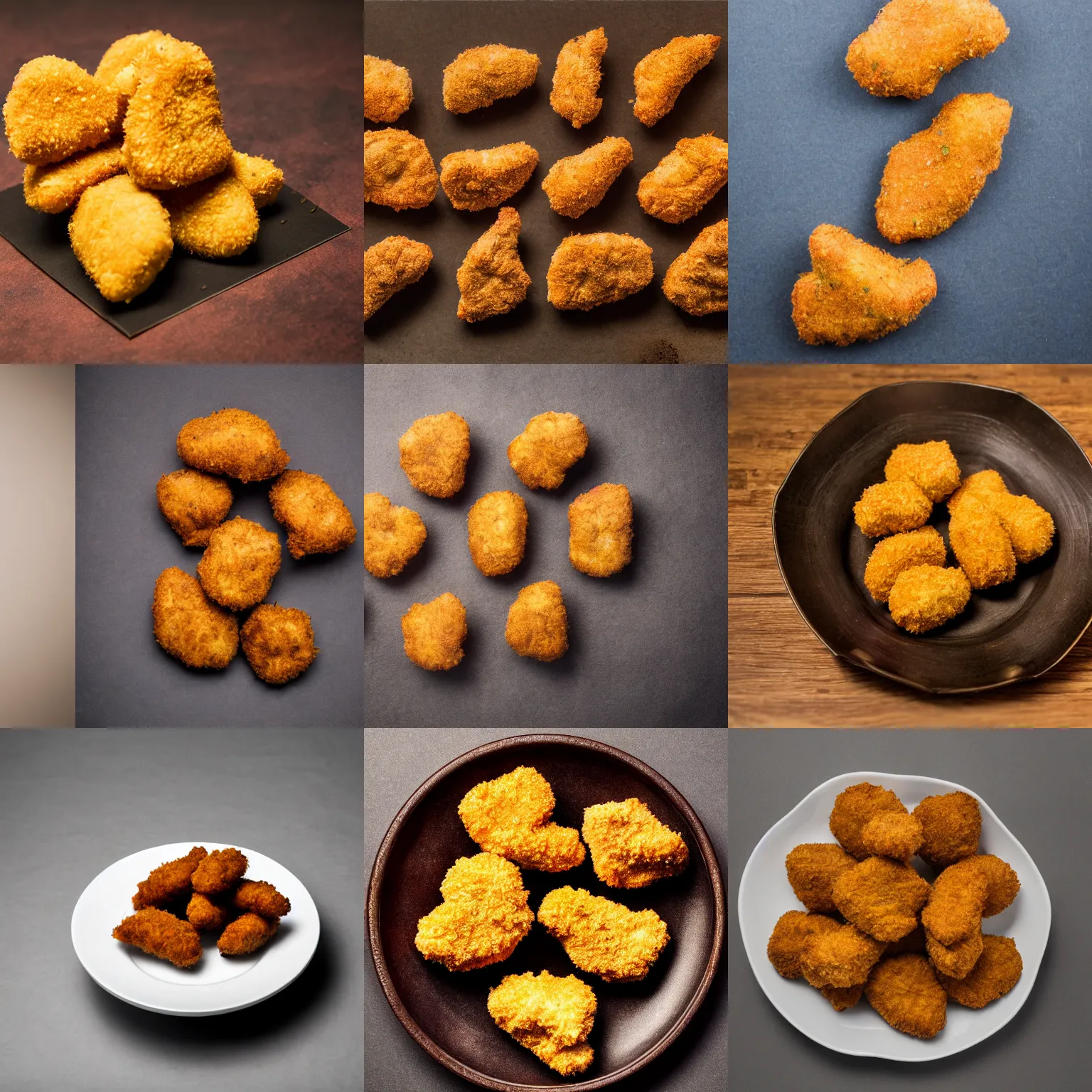 Prompt: food photography of dinosaur shaped chicken nuggets, professional, rustic, highly detailed, high resolution, studio lighting, sharp focus, flickr, uber eats photo, award winning, dslr