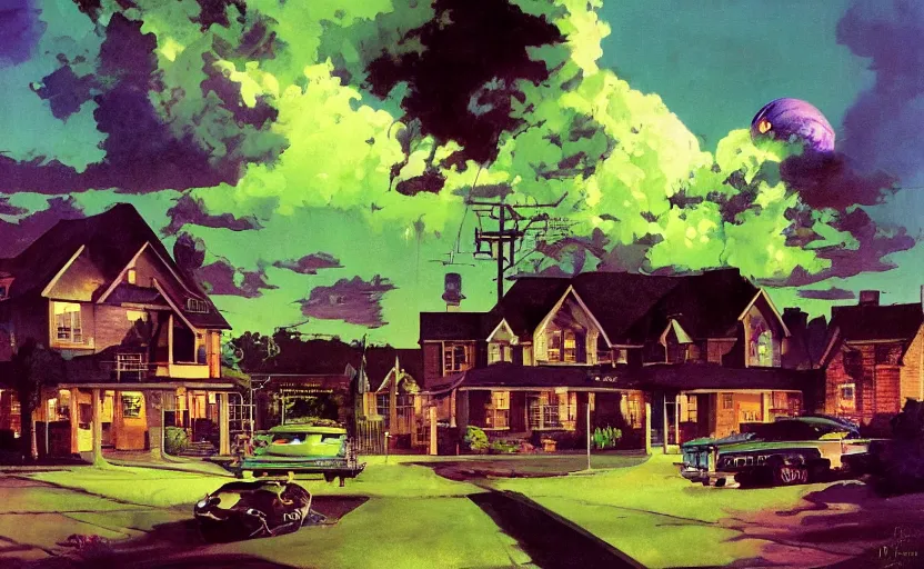 Image similar to a suburban neighborhood with deep green and purple glowing clouds. highly detailed science fiction painting by norman rockwell, frank frazetta, and syd mead. rich colors, high contrast, gloomy atmosphere, dark background. trending on artstation.