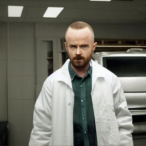 Image similar to Live Action Still of Aaron Paul dressed as Walter White, real life, hyperrealistic, ultra realistic, realistic, highly detailed, epic, HD quality, 8k resolution, body and headshot, film still