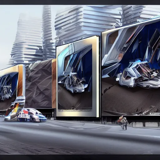 Image similar to sci-fi cars trucks motorcycles 50% of canvas in center and wall near structure on the coronation of napoleon painting and digital billboard in the middle and everything in style of zaha hadid and suprematism forms unreal engine 5 keyshot octane artstation trending bladerunner 2049 colors lighting ultra high detail ultra photo realistic 8k 16k in plastic dark tilt shift