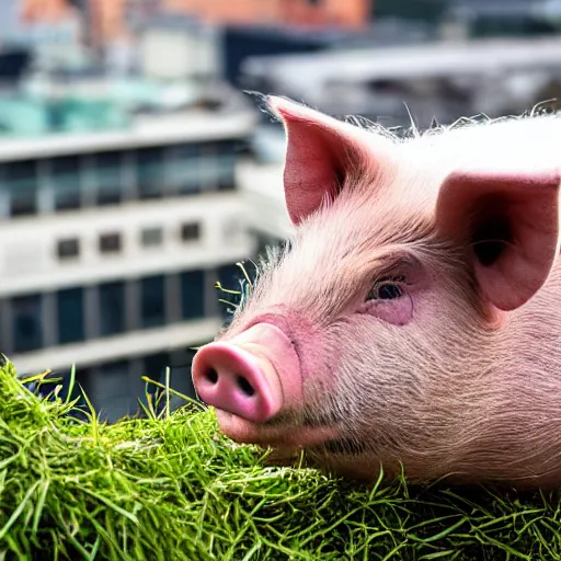 Prompt: a pig covered in grassy weeds, on top of a building in Chippendale, Sydney