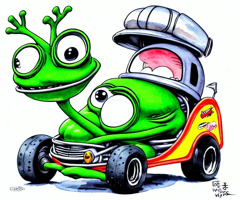 Image similar to cute and funny, cute pepe wearing a helmet riding in a tiny hot rod with oversized engine, ratfink style by ed roth, centered award winning watercolor pen illustration, isometric illustration by chihiro iwasaki, edited by range murata