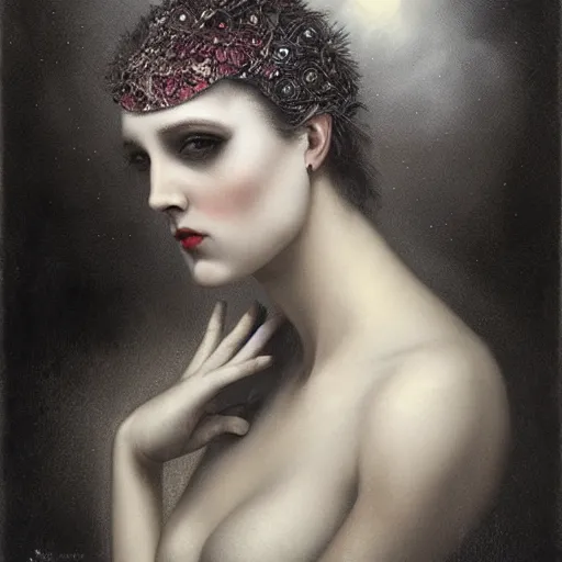 Image similar to By Tom Bagshaw, ultra realist soft painting of curiosities carnival by night, very beautiful single star in bodysuit, symmetry accurate features, very intricate details, ominous sky, black and white, volumetric light clouds