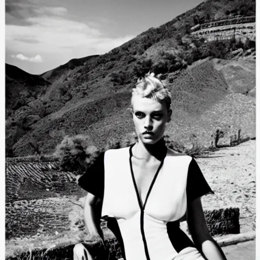 Image similar to a portrait of a character in a scenic environment by Helmut Newton