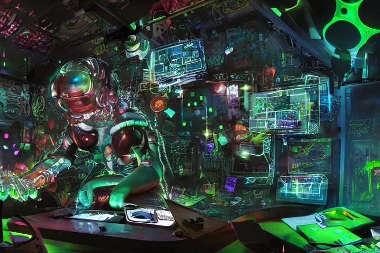 Image similar to cyborg - frog, surrounded by screens, in 2 0 5 5, y 2 k cybercore, industrial low - light photography, still from a ridley scott movie