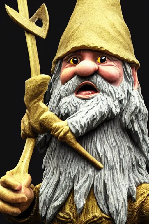 Prompt: photo taken of an epic intricate, ultra detailed, super realistic sculpture of gnome holding a pitchfork, sculpture on display, created by weta workshop, photorealistic, sharp focus, f 0. 4, face centred, golden ratio