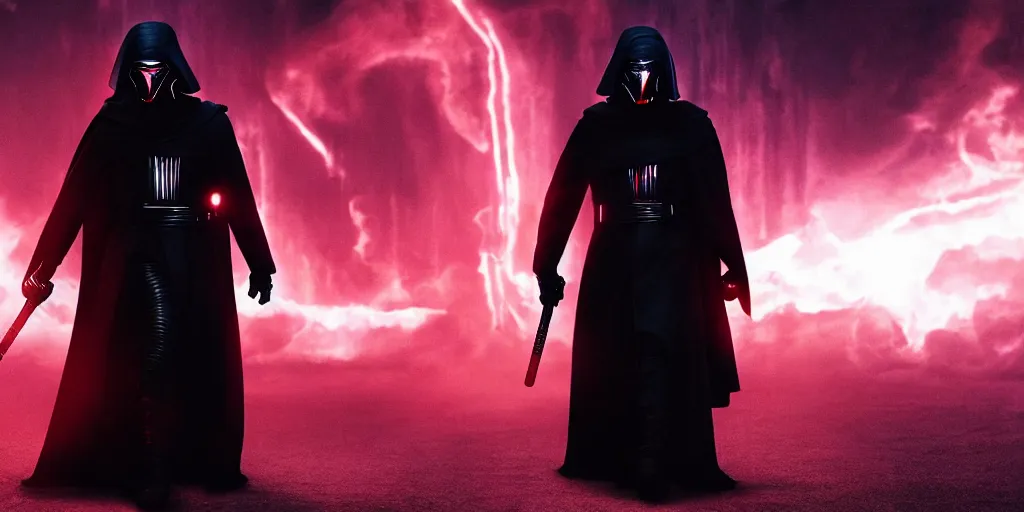 Image similar to keanu reeves as Kylo Ren, cinematic, ultrawide angle, night