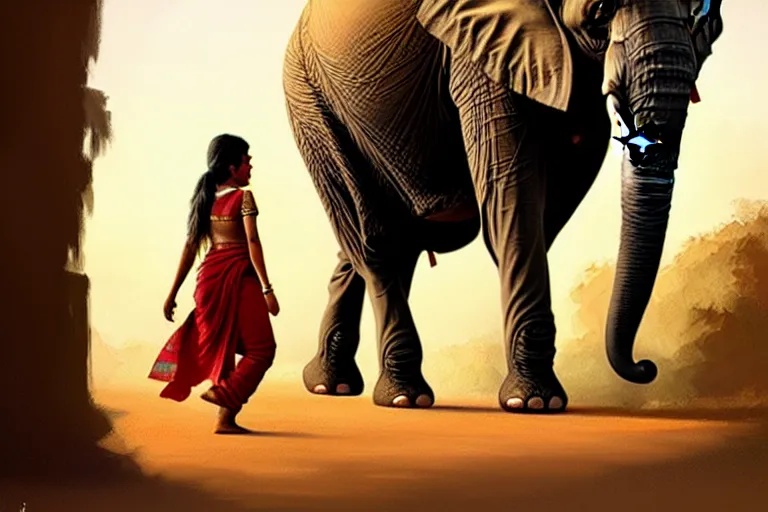 Image similar to beautiful indian girl walking. there is an elephant near her. hyper detailed, digital art, artstation, cinematic lighting, studio quality, smooth render, by caravaggio, artgerm, greg rutkowski, craig mullins
