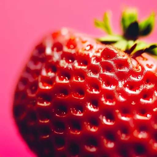 Prompt: a macro photo of a wet strawberry, hyper realistic, hyper detailed, 35mm, very grainy film, pink volumetric studio lighting, bokeh, black background award winning shot, vogue magazine, cinematic, 8k, very closeup, elegant, tender, pastel