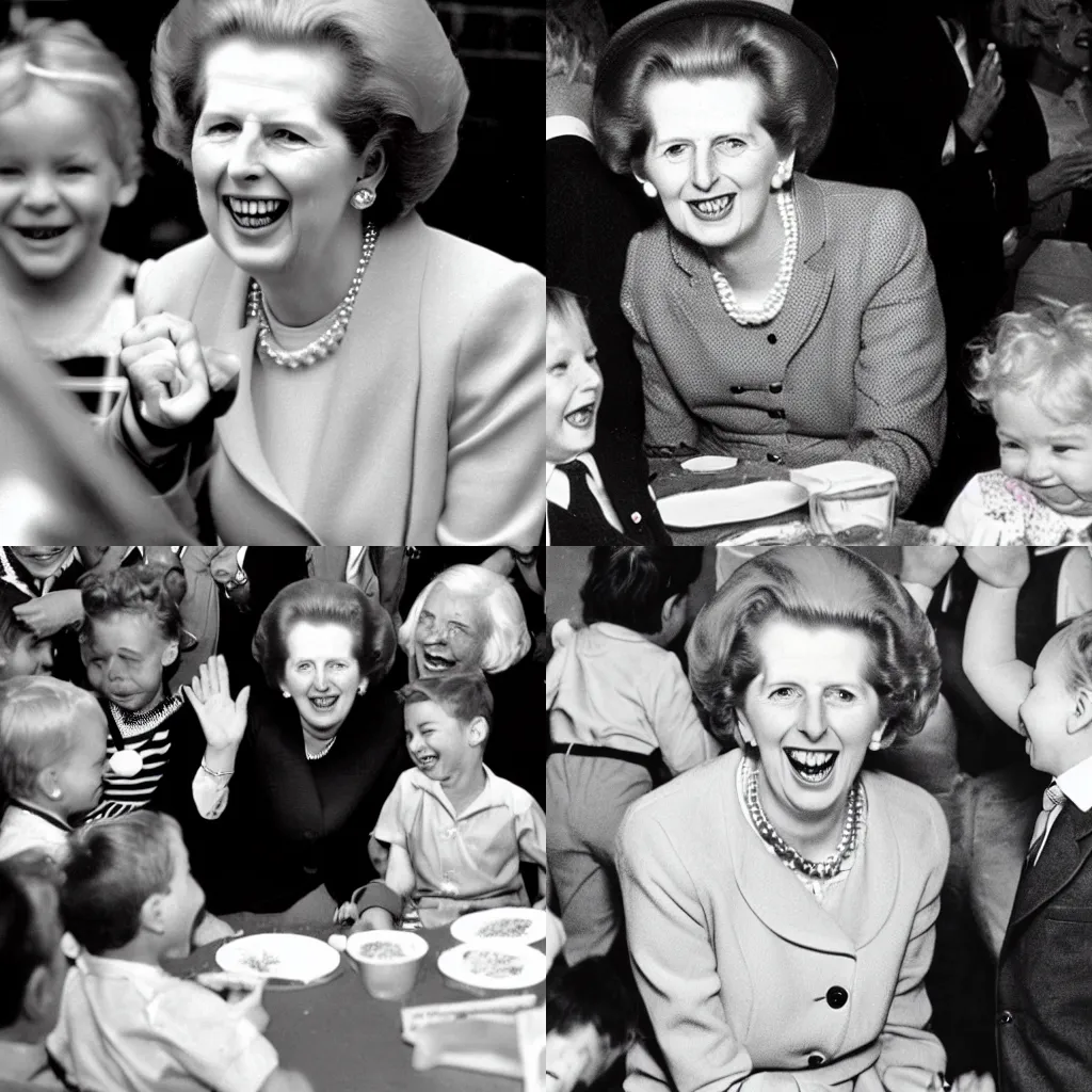 Prompt: margaret thatcher having fun at a childrens birthday party, smiling and laughing