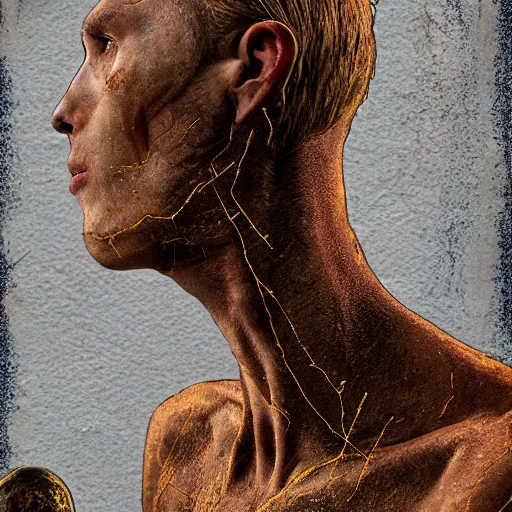 Prompt: a long shot portrait of tall, slender 20 year old man with golden cracks and scars on his arms and chest, standing atop a mountain, sci-fi, digital art, klimt, kintsugi, sharp-jaw, long brown hair, long-arms