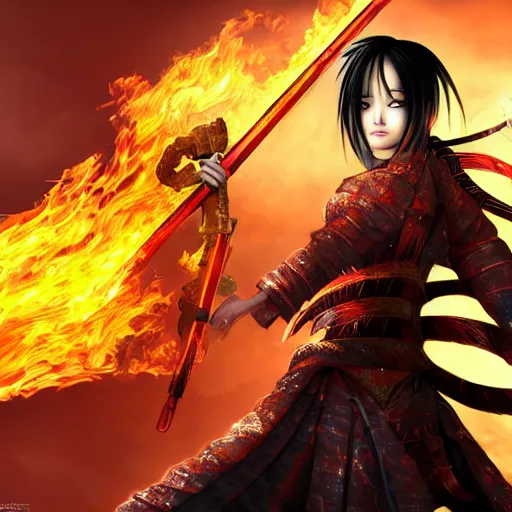 Prompt: japanese fire warrior goddess with a flaming sword, epic character portrait, insanely detailed, digital art, pixiv, much wow, wallpaper.
