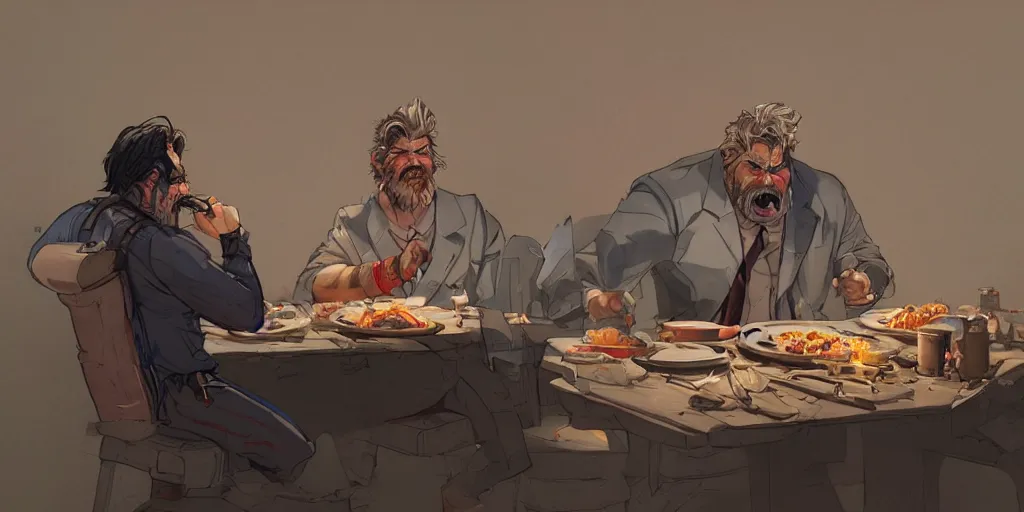 Image similar to cartoonish kurt russel eating dinner, vivid colors, character sheet, fine details, concept design, contrast, kim jung gi, greg rutkowski, trending on artstation, 8 k, full body, turnaround, front view, back view, ultra wide angle