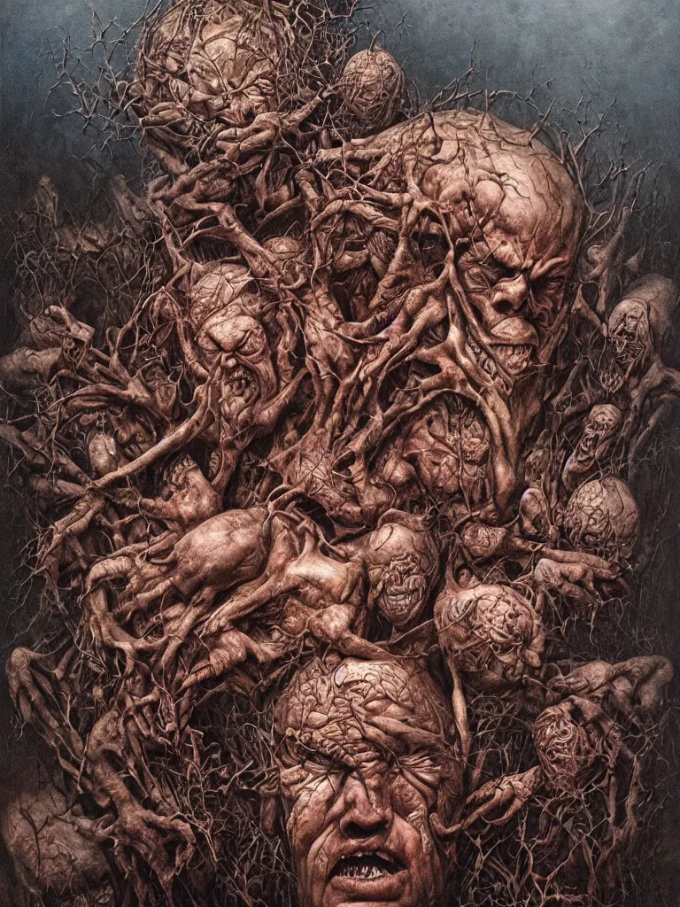 Image similar to a portrait of donald trump as a tumor by dan seagrave, wayne barlowe and zdzisław beksinski, front and center, intricate detail, surrealist, macabre, dark, horror, pain, suffering, death