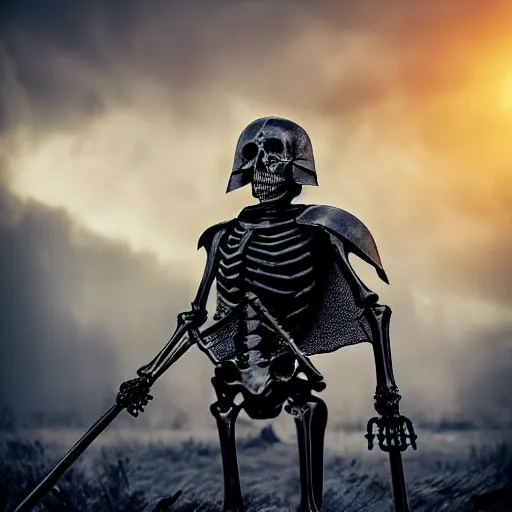 Image similar to a skeleton knight in black full plate armor with a black cape billowing in the wind standing on the battlefield surrounded by bodies, golden hour, shallow depth of field, moody lighting, 8 k, concept art,