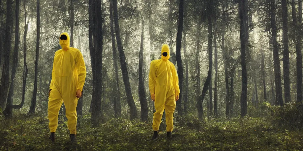 Image similar to a mysterious man in a yellow hazmat suit stands in a detailed fantastic forest, painting, concept - art, rendering, octane, redshift, cinematic composition, volumetric lighting