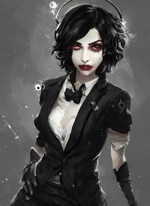 Image similar to a highly detailed illustration of beautiful short black messy haired woman wearing eyepatch!!! and noir style suit and tie, dramatic smiling pose, intricate, elegant, highly detailed, centered, digital painting, artstation, concept art, smooth, sharp focus, league of legends concept art, WLOP