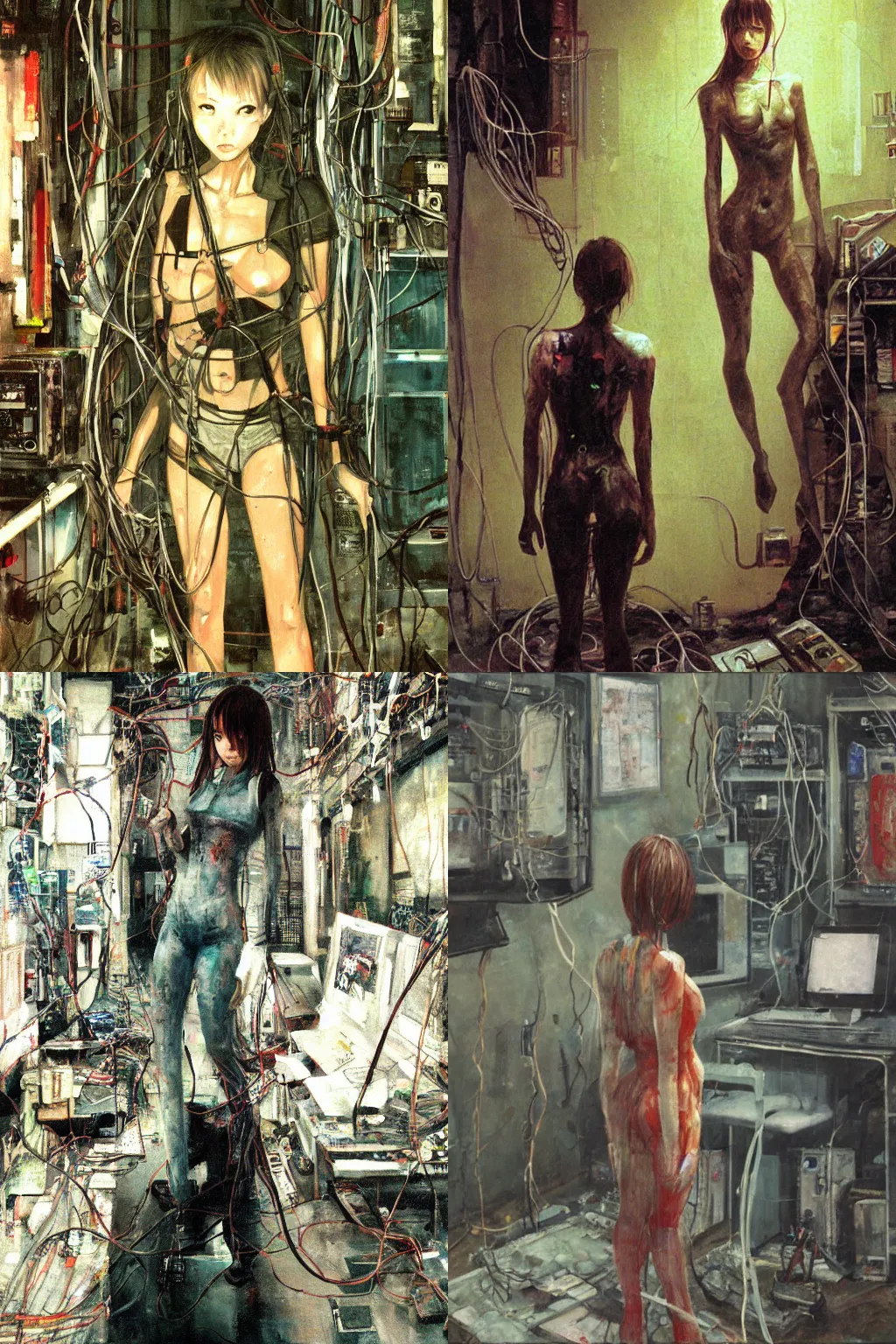 Prompt: oil painting, yoji shinakawa, studio gainax, girl standing in grimy room filled with wires, silent hill