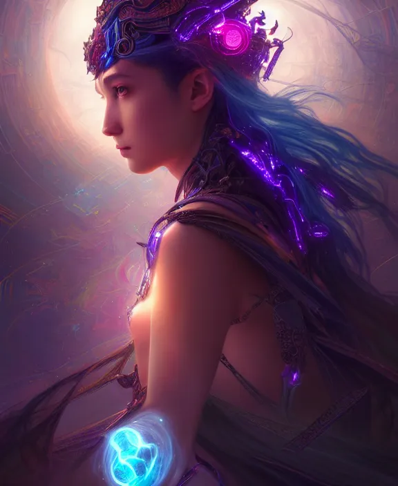 Image similar to a whirlwind of souls rushing inside the metaverse, half body, glowin eyes, tiara with sapphire, pharaoh, android, cyberpunk, d & d, fantasy, intricate, elegant, highly detailed, colorful, vivid color, digital painting, artstation, concept art, art by artgerm and greg rutkowski and alphonse mucha and ruan jia