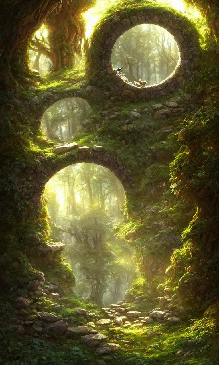 Image similar to Fantasy Magical fairy-tale stone portal in the forest. Round stone portal teleport in trees to other worlds. Fantastic landscape. Magic Altar in the fores, highly detailed, digital painting, artstation, concept art, smooth, sharp focus, illustration, art by artgerm and greg rutkowski and alphonse mucha