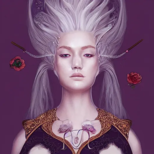 Prompt: a gorgeously defined woman with immensely glowing white hair and [ rose - designed medieval armor ], meditating in tranquility as [ her hair flows ]!!, surrealism art, trending on artstation, portrait!!, intricately detailed