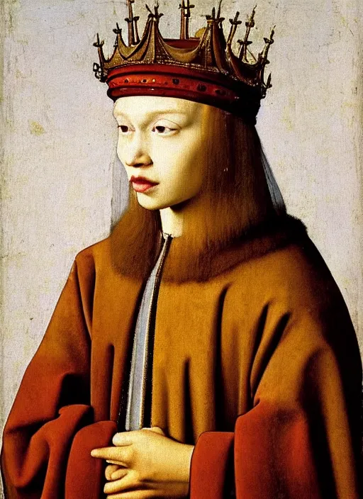 Prompt: portrait of a young king with a crown, medieval painting by Jan van Eyck, Johannes Vermeer, Florence