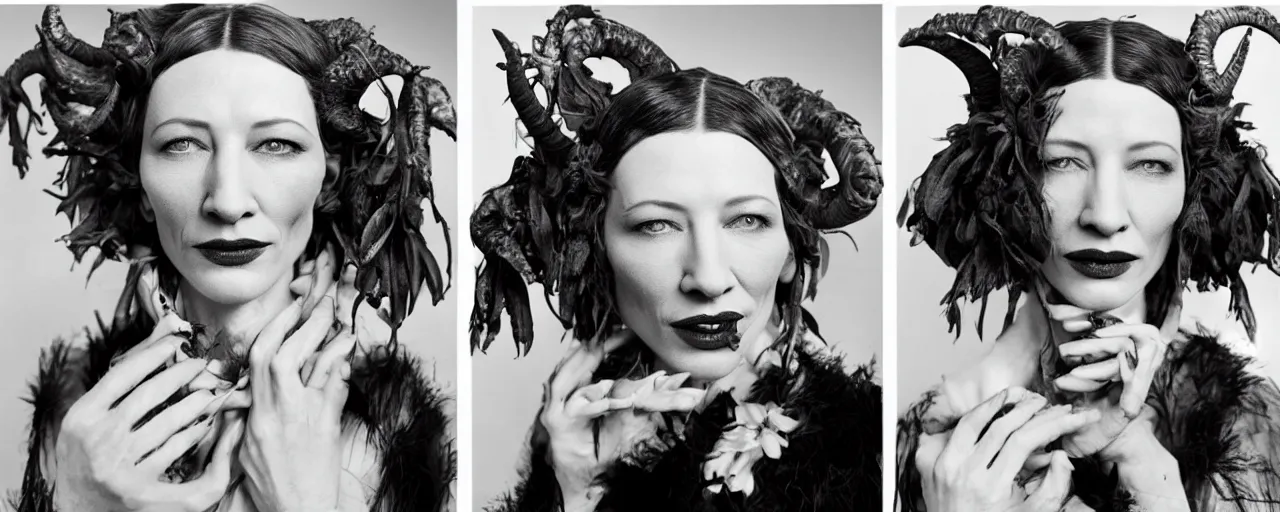 Image similar to 1920s portrait photography of cate blanchett transforming into a monster, edelweiss growing out of his face, goat horns on his head