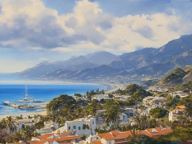 Prompt: very detailed painting of marbella landscape, sun coast, small city, beach, mountain in the background, trending on artstation, hiroshi yoshida, raphael lacoste, fine art, 8 k resolution