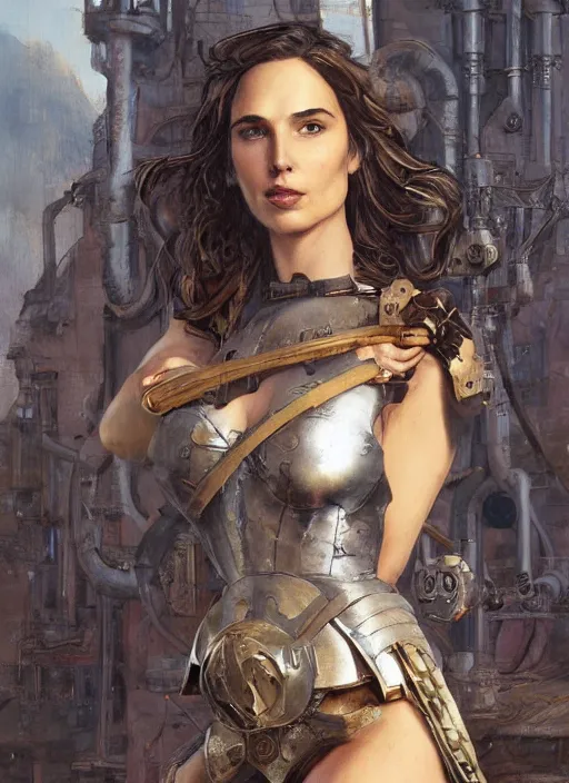 Image similar to highly detailed steampunk gal gadot standing, blond, steel age : leonardo da vinci, greg rutkowski, magali villeneuve