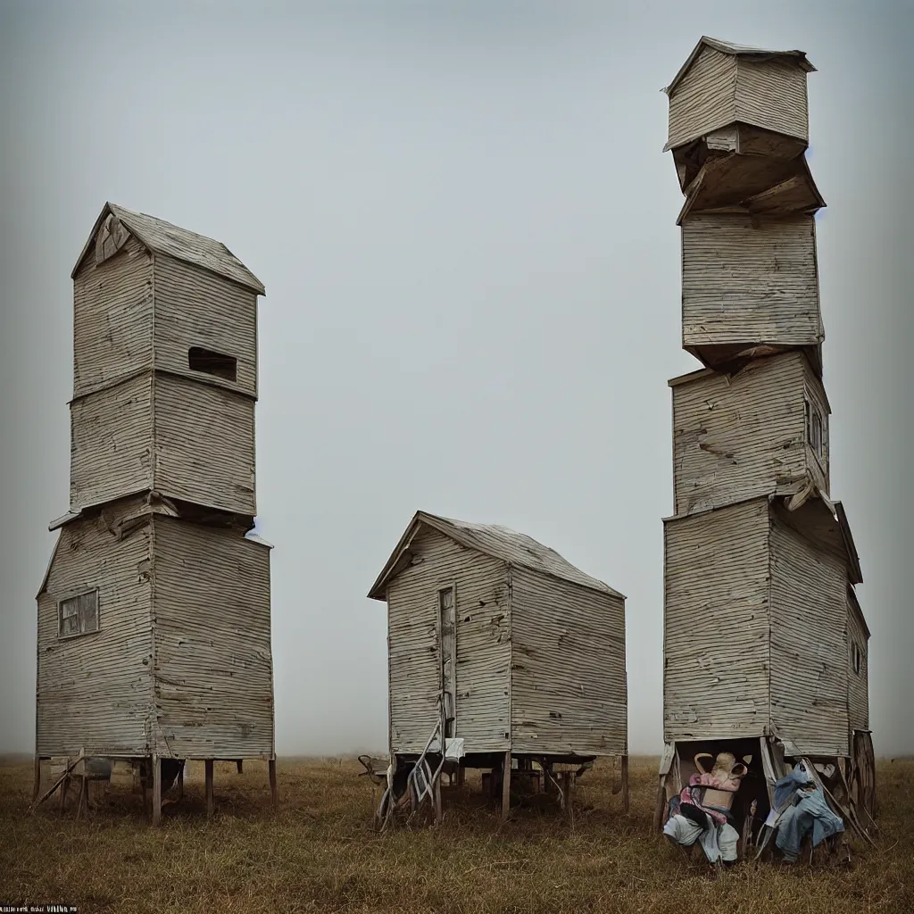 Image similar to two towers, made up of stacked makeshift squatter shacks with bleached colours, plain uniform sky at the back, misty, mamiya, shallow depth of field, ultra sharp, very detailed, photographed by julie blackmon