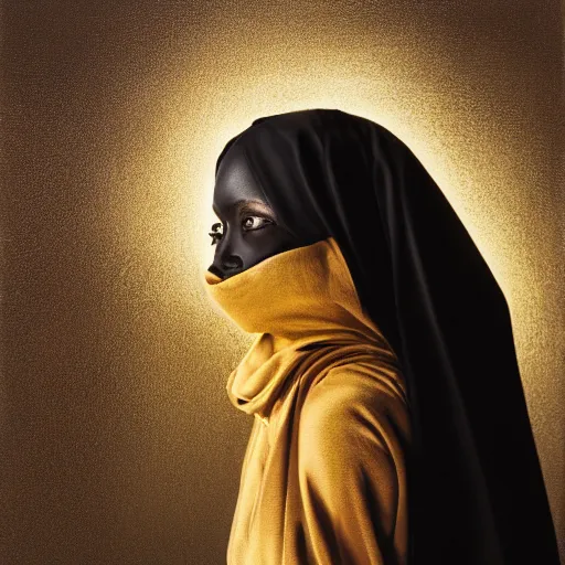 Image similar to a portrait of a young black woman wearing a long dark cloak, hood and shadows covering face, holding golden chains, oil painting, matte painting, black background, Volumetric Golden dappled dynamic lighting, Highly Detailed, Cinematic Lighting, Unreal Engine, 8k, HD, by Beksinski