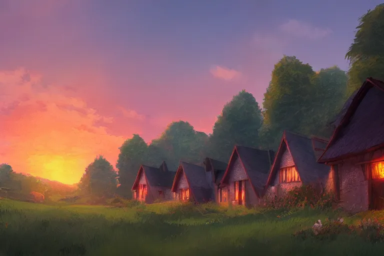 Image similar to sunset over the cottages in the shire, ghibli, artstation, award wining, rutkowski, shinkai