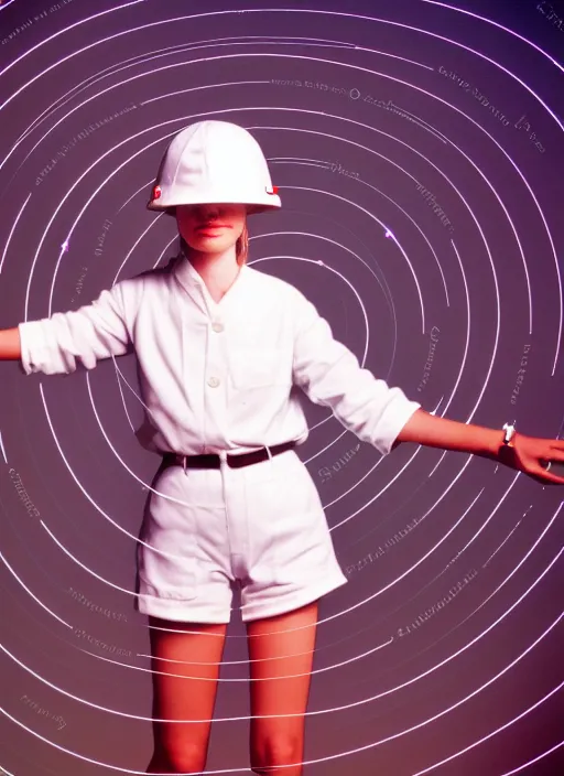 Image similar to realistic photo portrait of a a scientist girl dressed in white shorts, dressed in white plastic spherical helmet hat, particles aura electricity, 1 9 9 0, life magazine photo, natural colors,