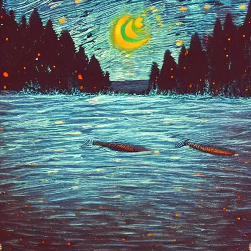 Image similar to starry nigh, salmon jumping out of a river