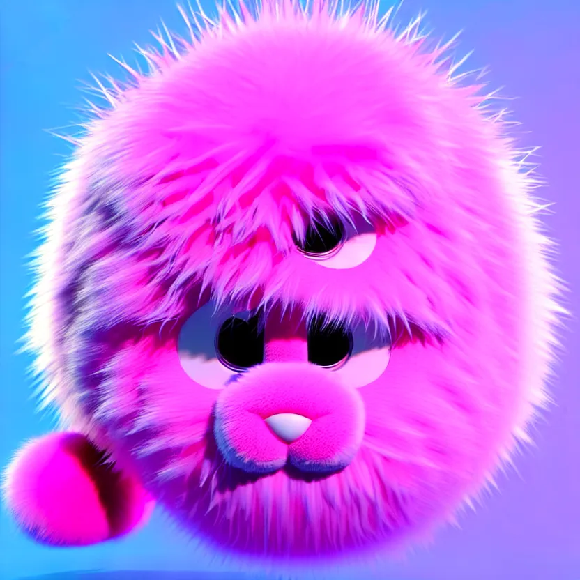 Image similar to high quality 3 d render hyperrealistic very cute big spherical creature, whiskers, plush mascot, short spiky dense fluffy smooth hair, isometric 3 d, psychedelic lighting pink fluffy fur 1 cm long, 1 5 0 mm, smooth background, artstation, ultra detailed, elegant, ultra detailed, octane render