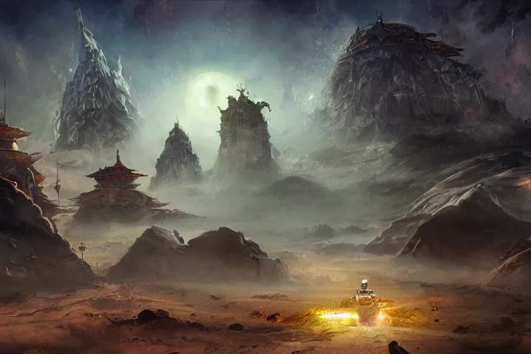 Image similar to spacecraft landing in mythical buddhist kingdom of shambhala, in the style of frank frazetta, ultra realistic, atmosphere glow, detailed intricate, colorful, cinematic lighting, unreal engine, god lighting