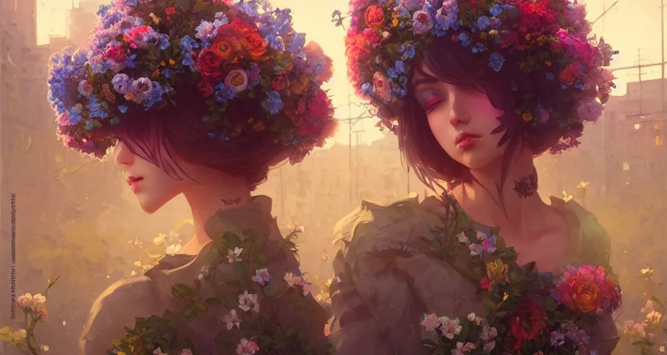 Image similar to a girl clothed in flowers behind a steampunk city, night setting. realistic shaded lighting poster by ilya kuvshinov katsuhiro, magali villeneuve, artgerm, jeremy lipkin and michael garmash, rob rey and kentaro miura style, trending on art station