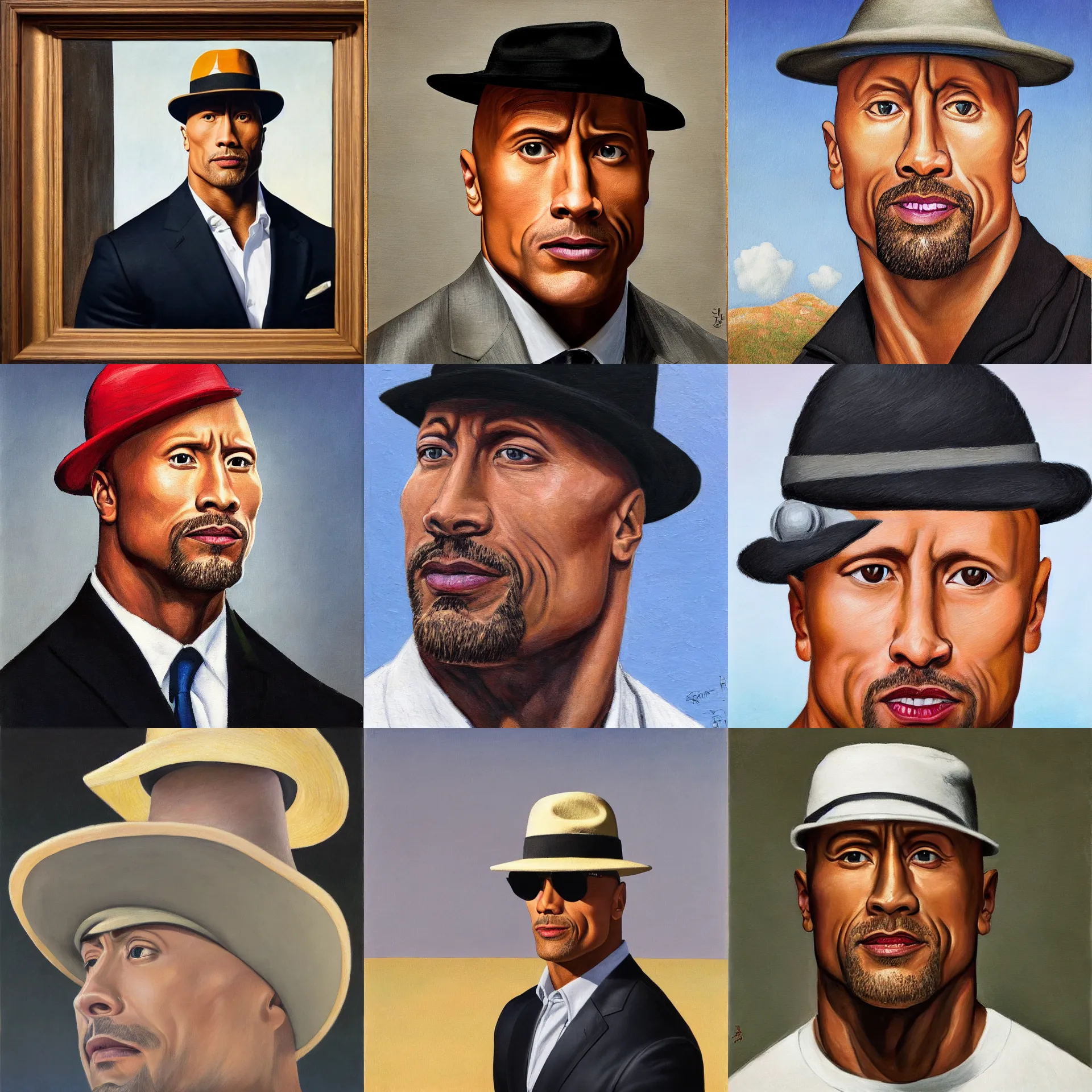 Prompt: front view portrait of dwayne johnson wearing a hat, painted by rene magritte