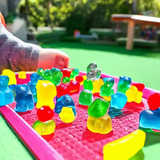 Image similar to gummy bears playing on a miniature playground