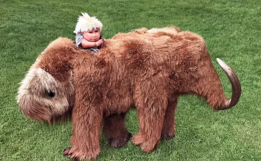 Image similar to Donald Trump in a baby mammoth costume , with an open face