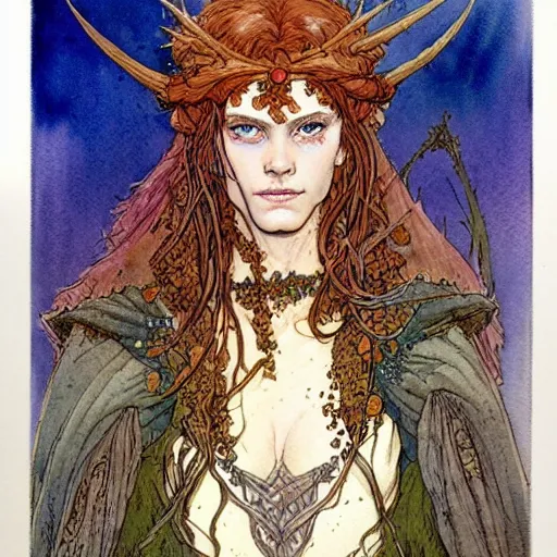 Prompt: a realistic and atmospheric watercolour fantasy character concept art portrait of a freckled incredibly beautiful woman as a druidic warrior wizard looking at the camera with an intelligent gaze by rebecca guay, michael kaluta, charles vess and jean moebius giraud