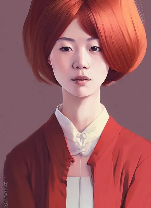 Prompt: a portrait of a 20 year old Asian woman with ginger hair and a witty expression wearing a traditional silk dress with very long sleeves by ilya kuvshinov and Cushart Krentz and Gilleard James